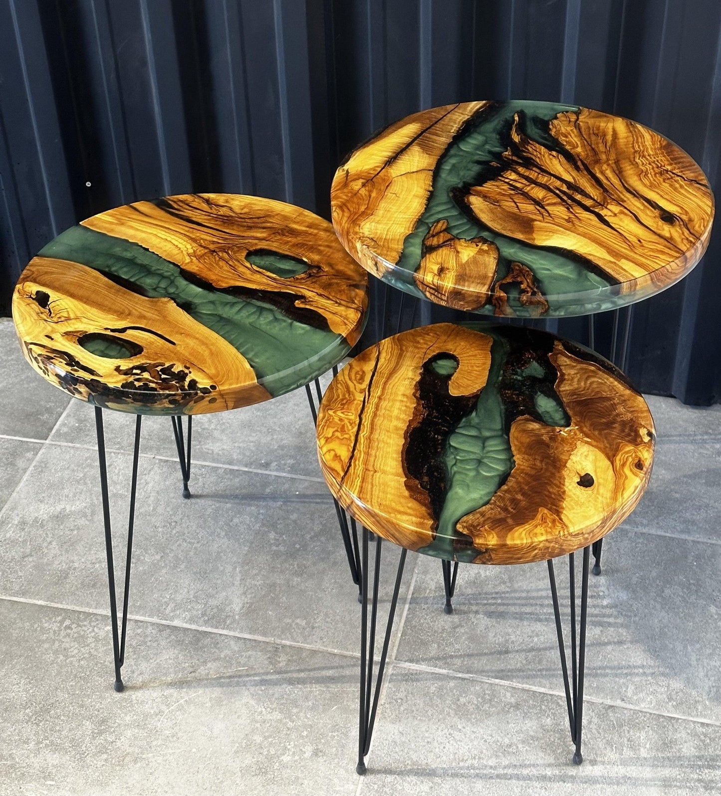 Side table olive wood green - resin table in a set of 3 with hairpin legs - Elite Wood - coffee table