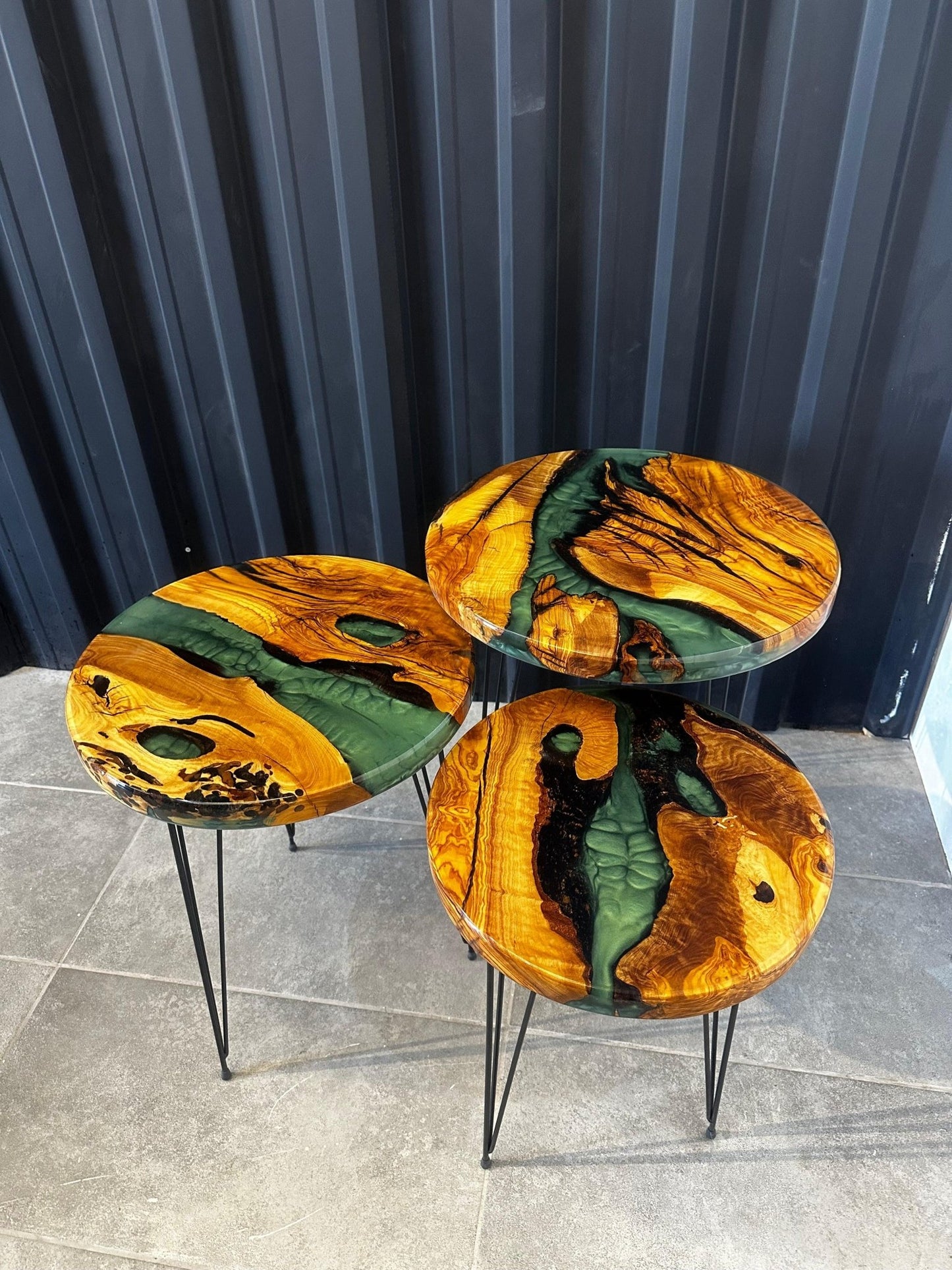 Side table olive wood green - resin table in a set of 3 with hairpin legs - Elite Wood - coffee table