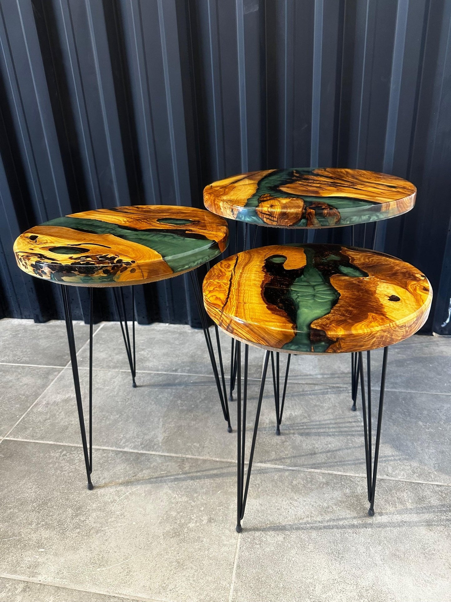 Side table olive wood green - resin table in a set of 3 with hairpin legs - Elite Wood - coffee table