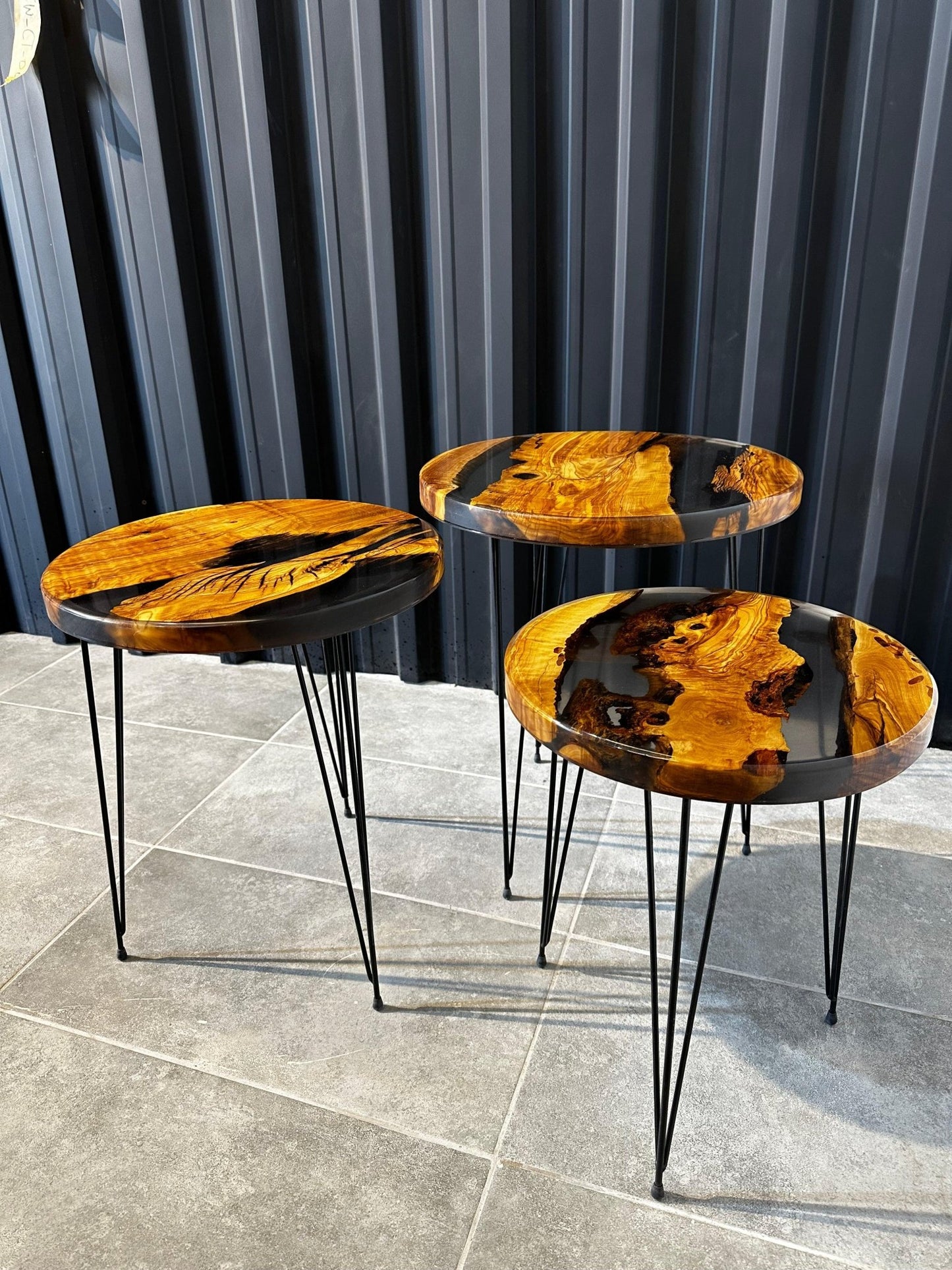 Side table set olive wood - black epoxy resin & natural edge in a 3 - pack - Elite Wood - coffee table