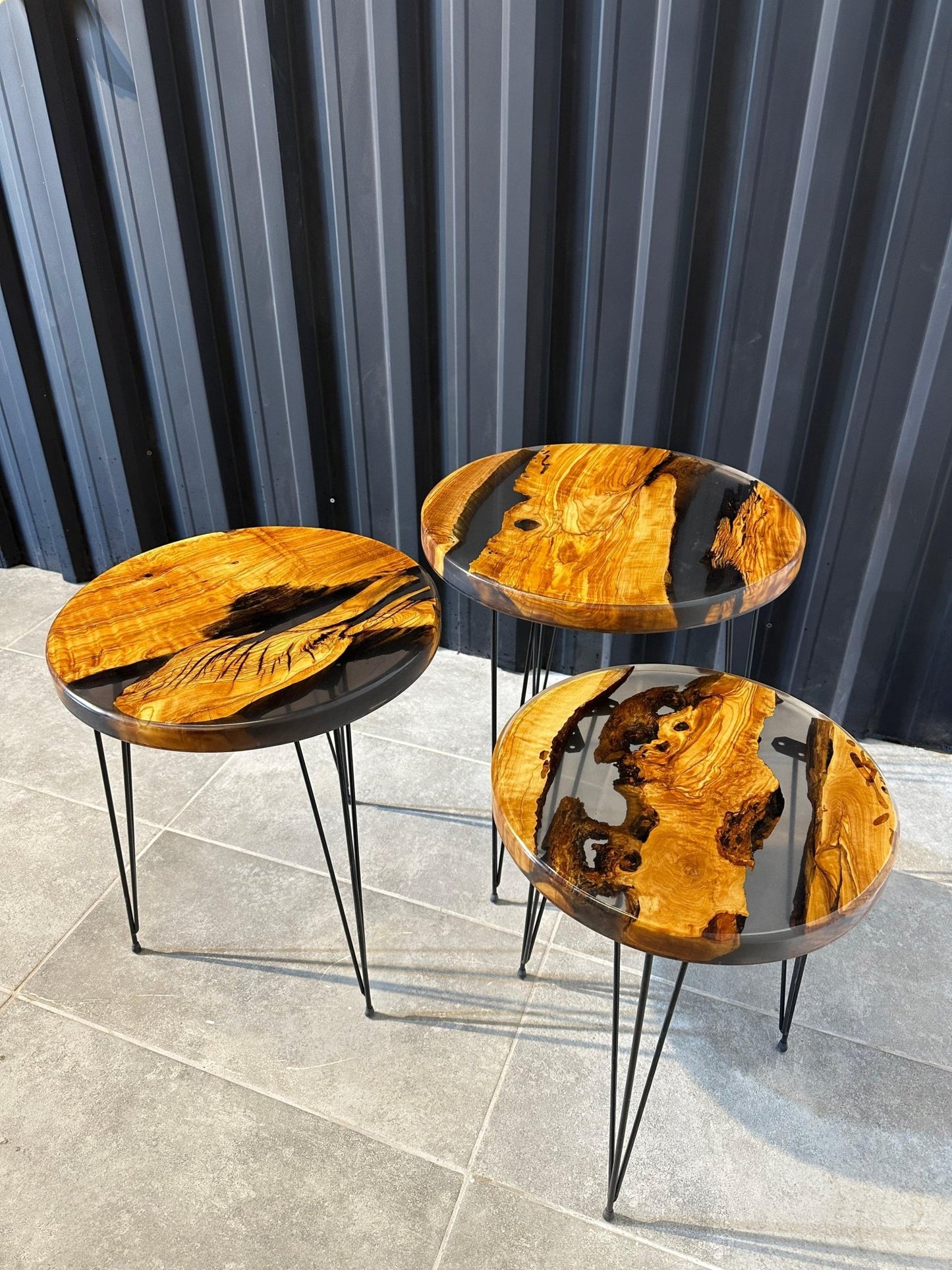Side table set olive wood - black epoxy resin & natural edge in a 3 - pack - Elite Wood - coffee table