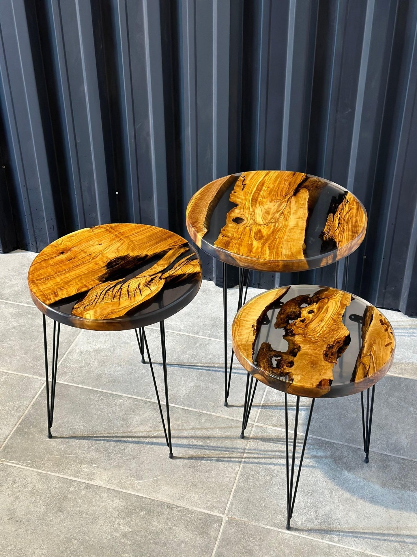 Side table set olive wood - black epoxy resin & natural edge in a 3 - pack - Elite Wood - coffee table