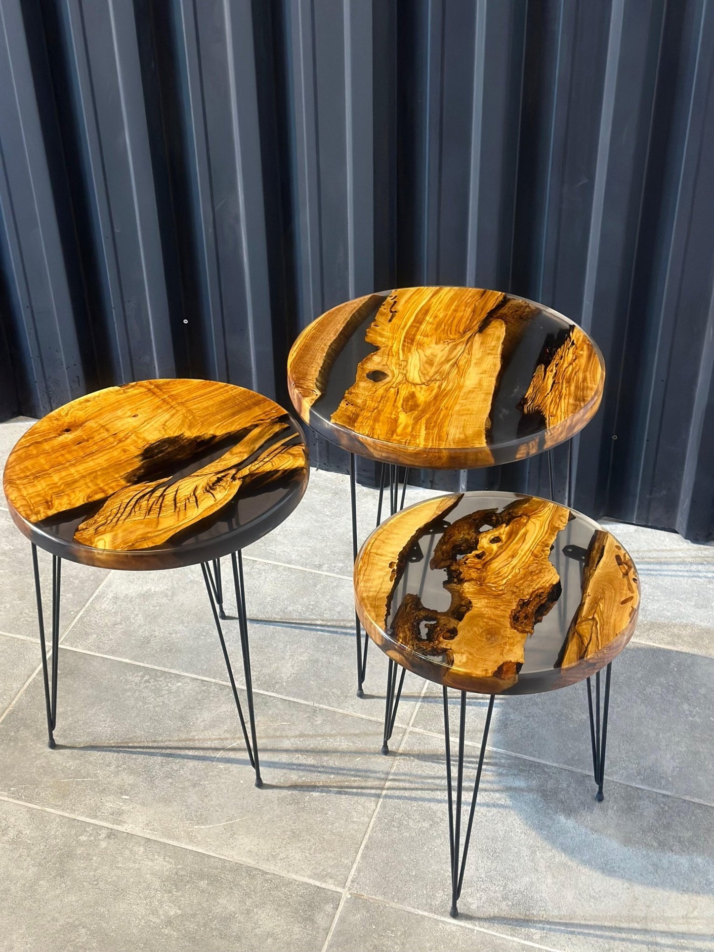 Side table set olive wood - black epoxy resin & natural edge in a 3 - pack - Elite Wood - coffee table