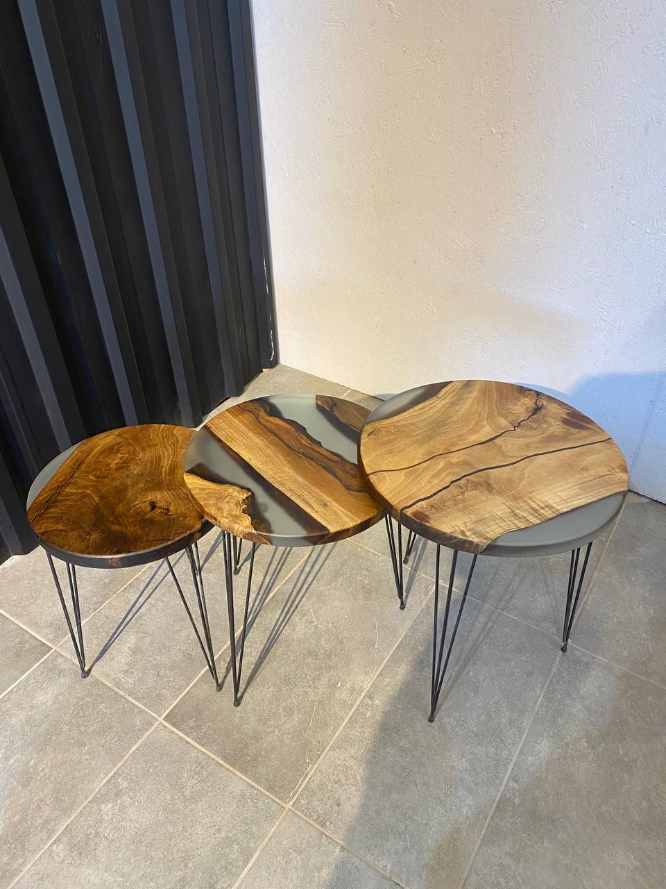 Side table set walnut wood - 3 handmade tables with gray epoxy resin - Elite Wood - coffee table